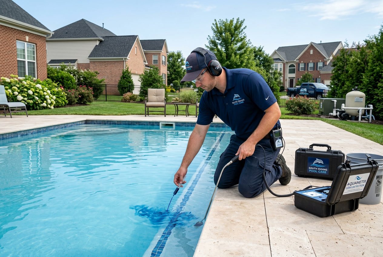 A pool technician inspecting a residential swimming pool with leak detection equipment in a suburban backyard.