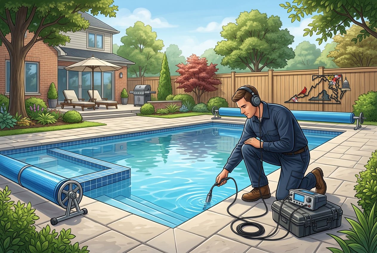 Technician inspecting a residential swimming pool for leaks in a backyard setting with greenery.