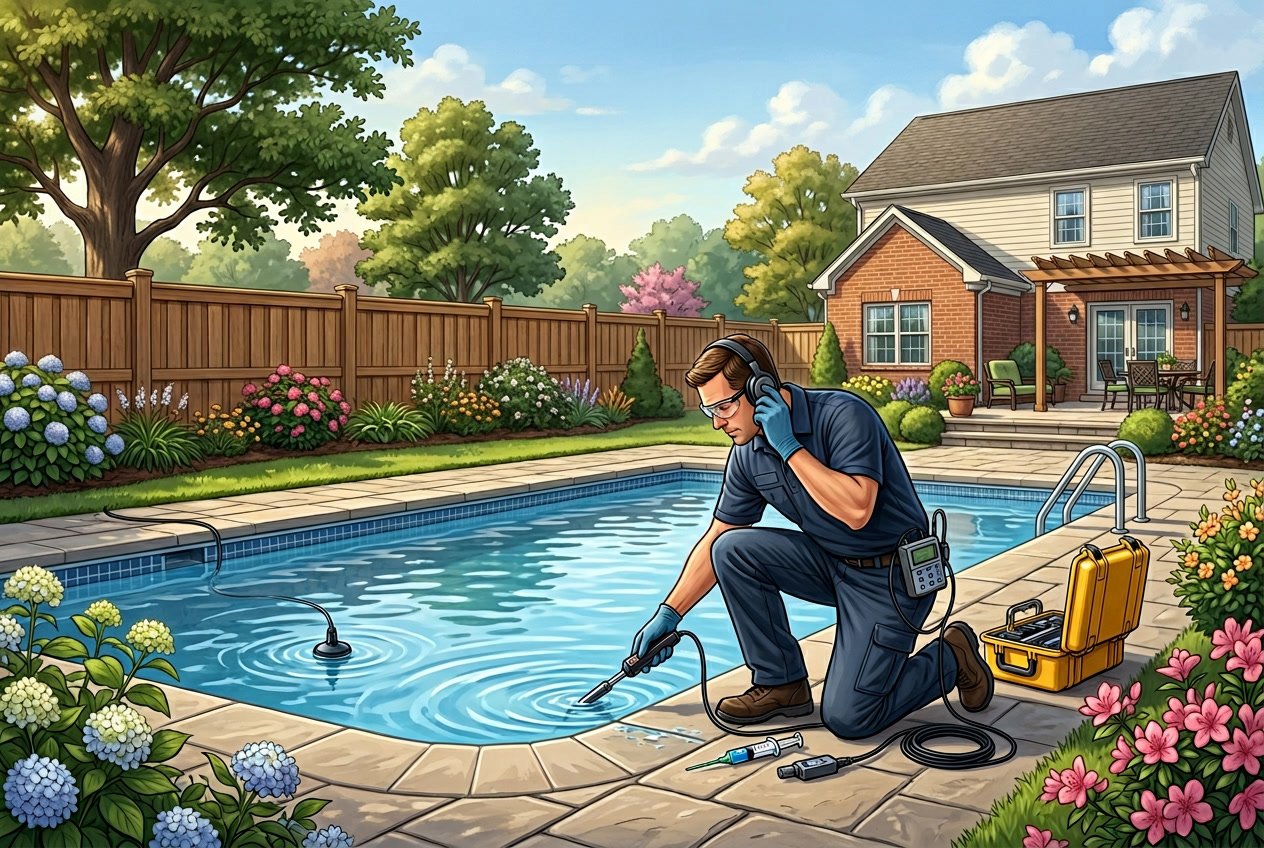 A technician inspecting the edge of an inground swimming pool in a suburban backyard with green grass and a wooden fence.