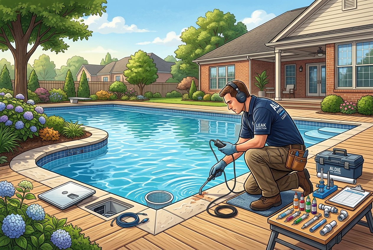 A technician inspecting a backyard inground swimming pool with leak detection equipment and repair tools nearby.