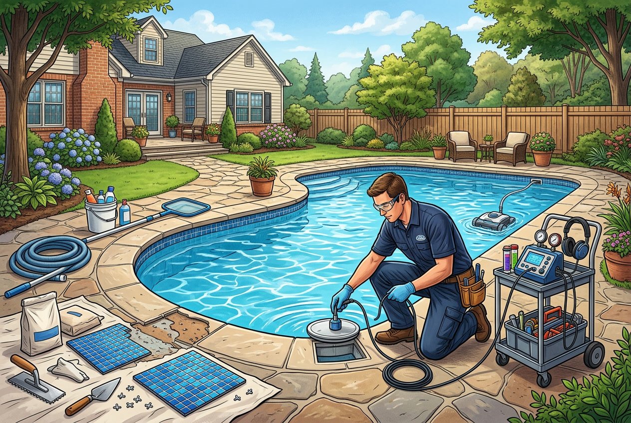 A technician inspecting a backyard inground swimming pool with leak detection equipment, surrounded by pool maintenance and renovation tools in a suburban garden setting.