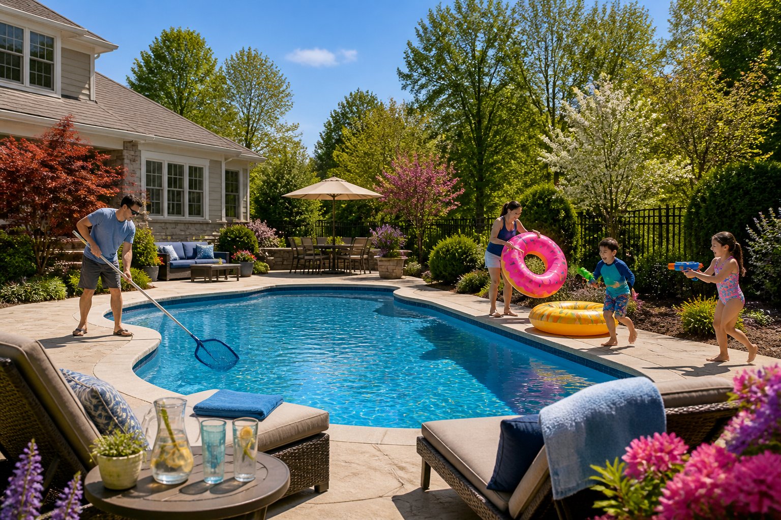 Pool Opening in Annandale, VA: Expert Tips and Local Services 1 A backyard in Annandale, VA with a clean inground swimming pool, people preparing the pool area, and green trees surrounding the scene.