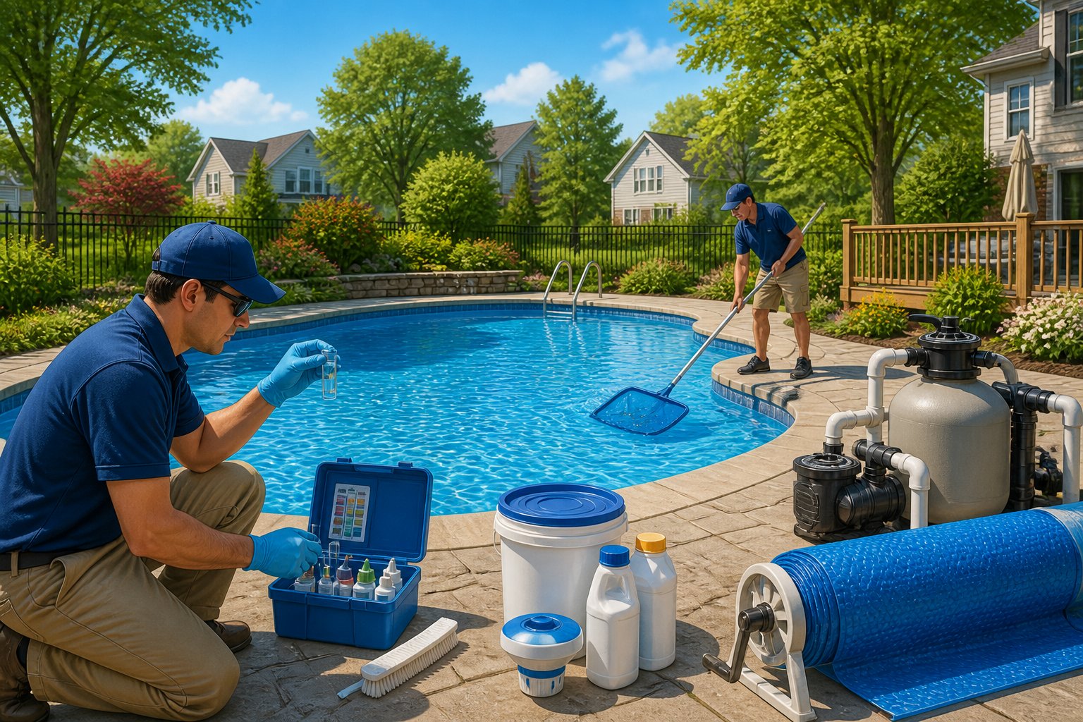 Pool Opening in Annandale, VA: Expert Tips and Local Services 2 A backyard swimming pool with people testing water and cleaning, surrounded by trees and houses on a sunny day.