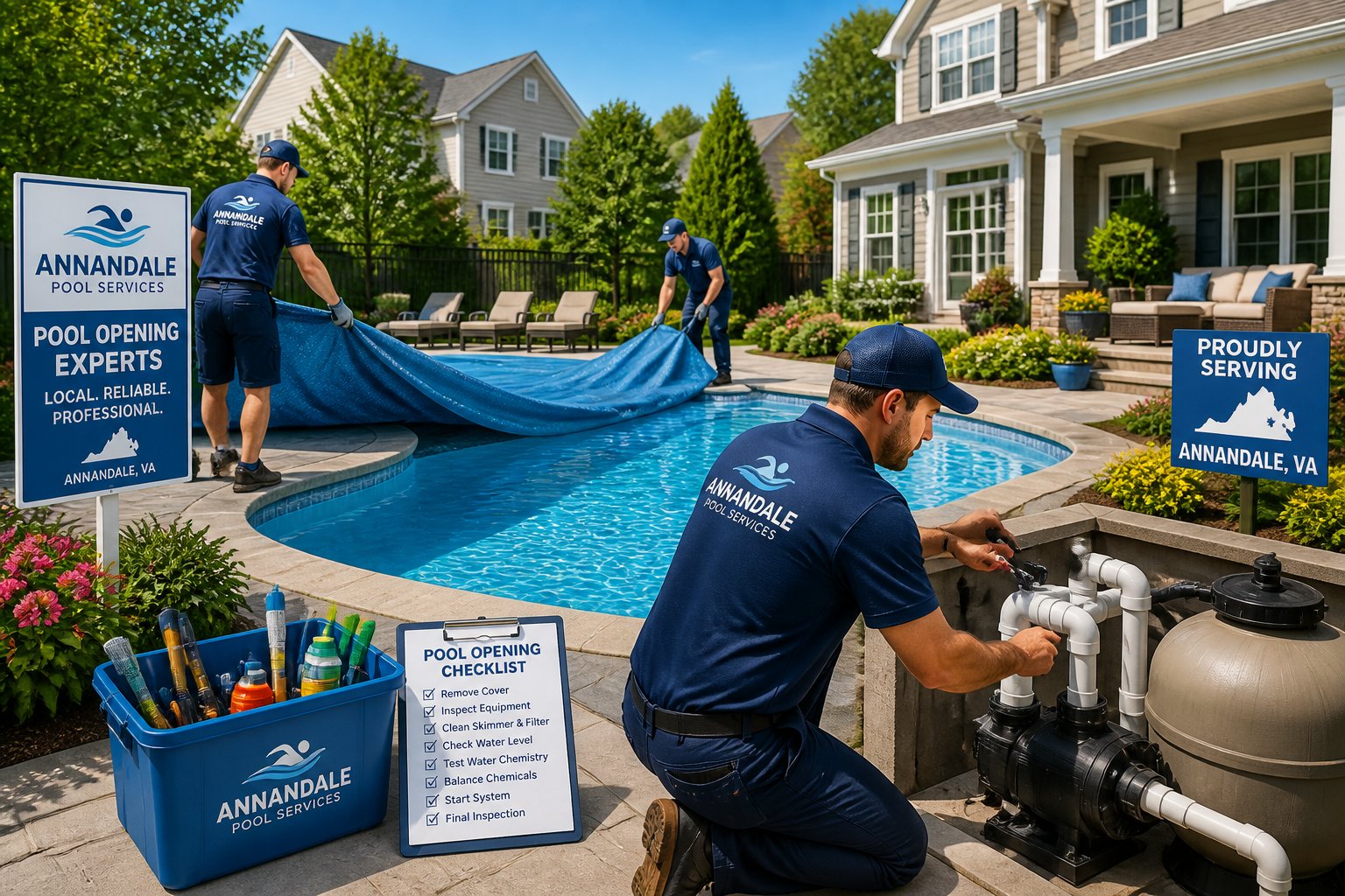 Pool Opening in Annandale, VA: Expert Tips and Local Services 3 A team of workers opening an inground swimming pool in a suburban backyard with nearby houses and greenery.