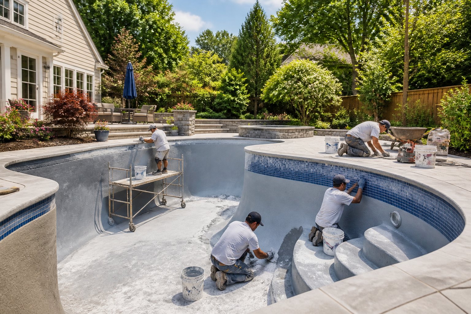 A backyard swimming pool undergoing renovation with workers installing tiles and resurfacing the pool surrounded by trees and landscaping.