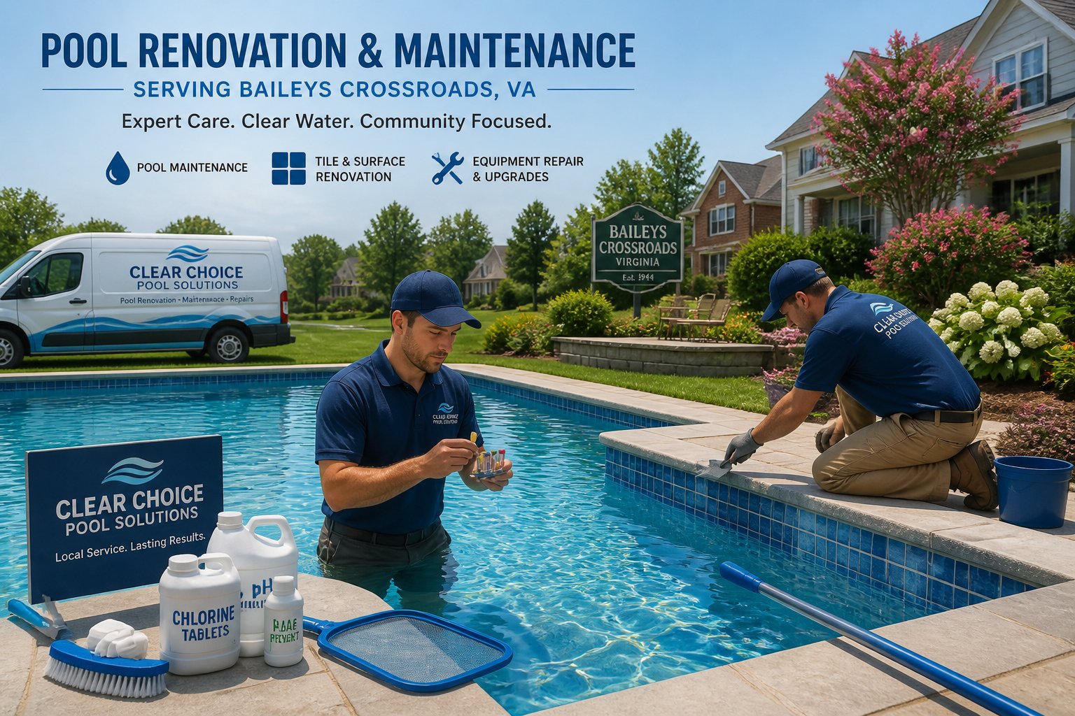 Pool Maintenance in Baileys Crossroads, VA: Expert Services & Renovations 3 A residential inground swimming pool being maintained by two workers in a suburban neighborhood with houses and greenery in the background.