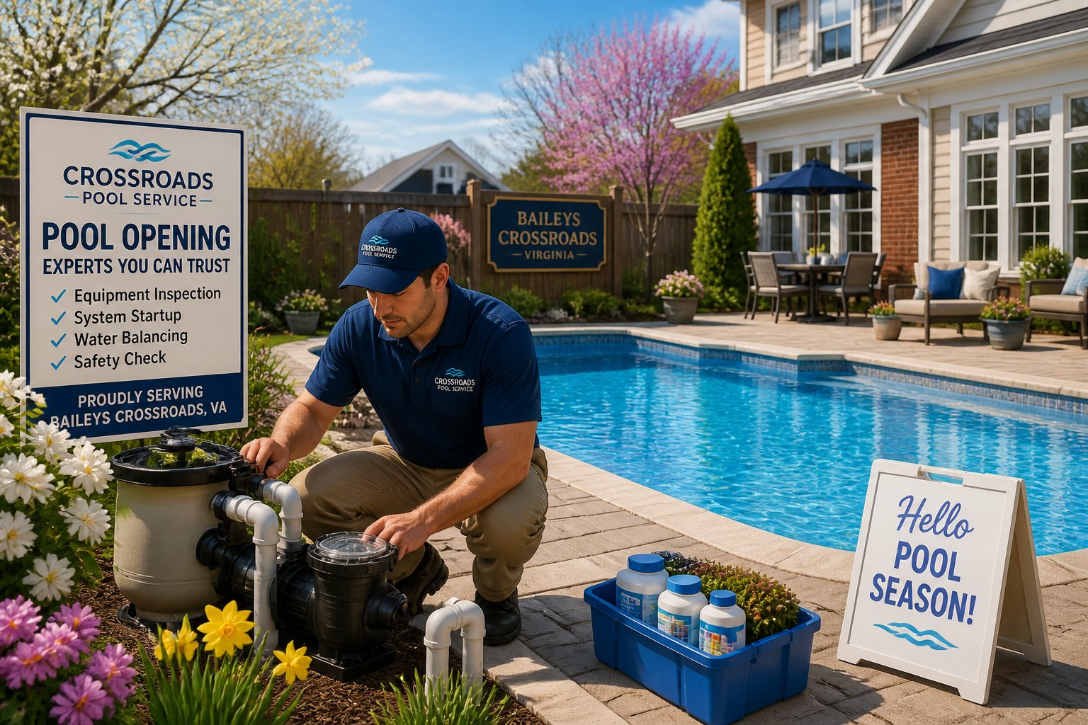 A pool technician inspecting equipment by a clean swimming pool in a suburban backyard with a house and garden in the background.