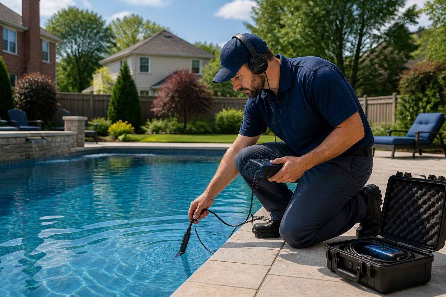 Pool Leak Detection in Baileys Crossroads, VA: Expert Insights and Solutions 3 A technician inspecting a residential swimming pool in a suburban backyard using leak detection equipment.