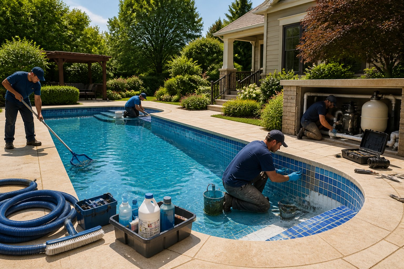 A backyard inground swimming pool undergoing renovation with workers cleaning and repairing it (no one inside the pool), surrounded by green trees and maintenance equipment.