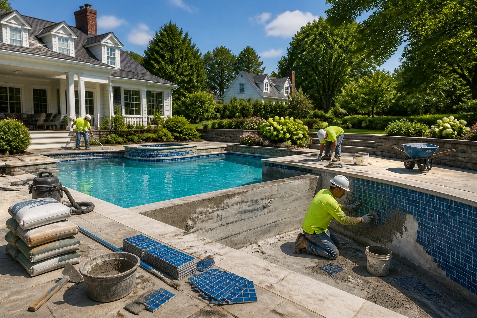 A backyard pool renovation in progress with workers, construction materials, and surrounding trees near residential homes.