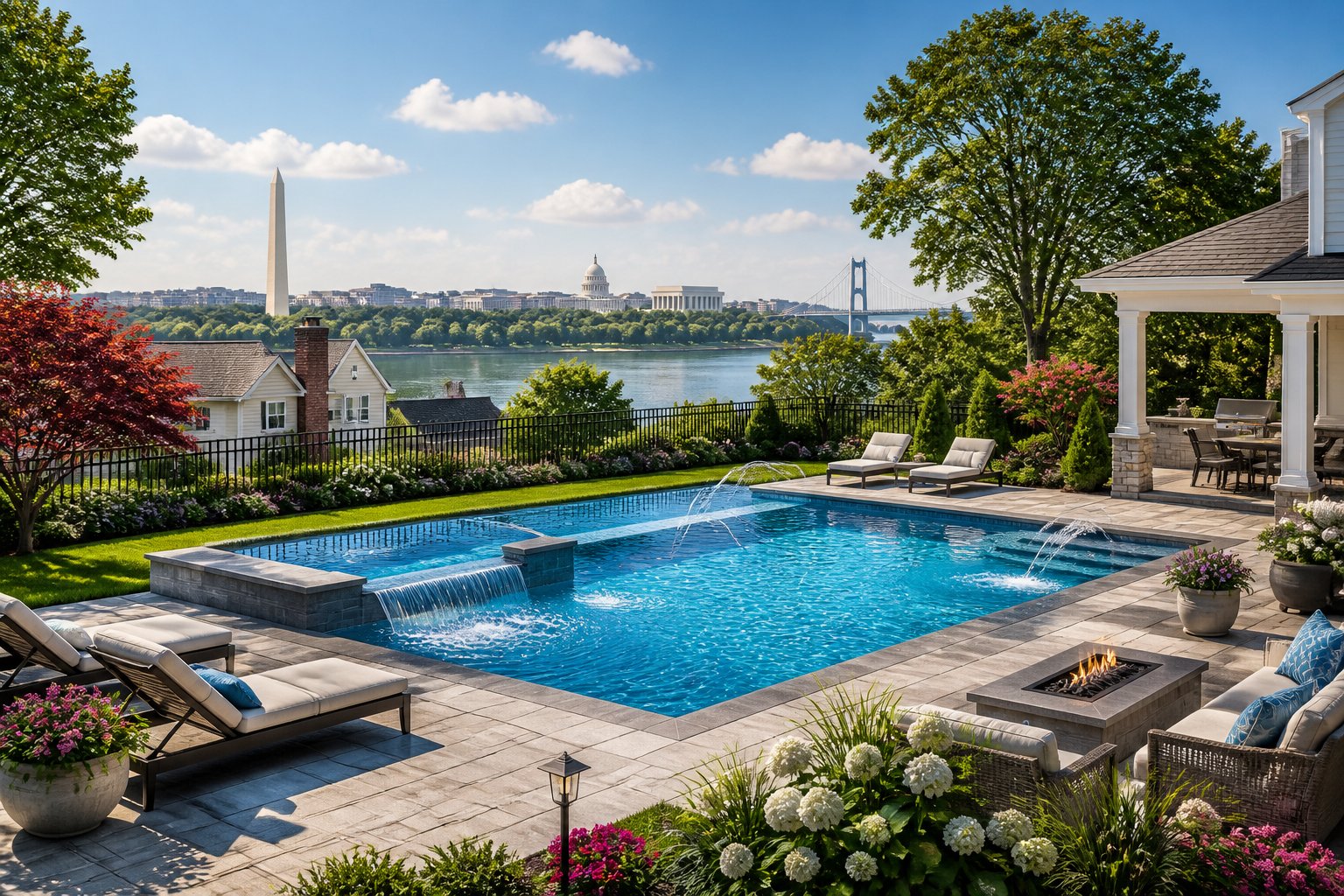 A renovated backyard inground swimming pool in a suburban neighborhood with greenery and a distant city skyline.