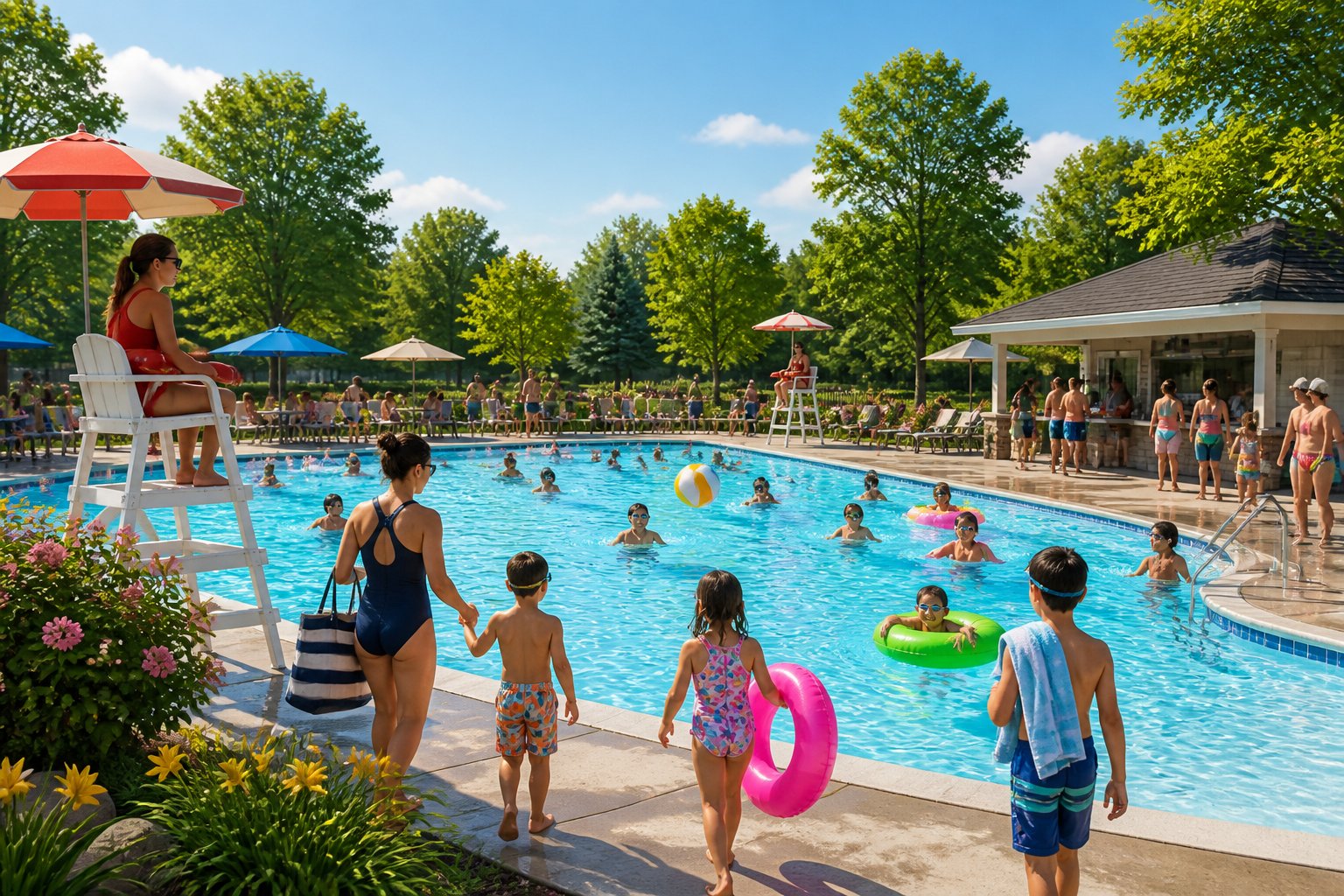 People enjoying a sunny day at a residential swimming pool with an inground pool, surrounded by trees and picnic areas.