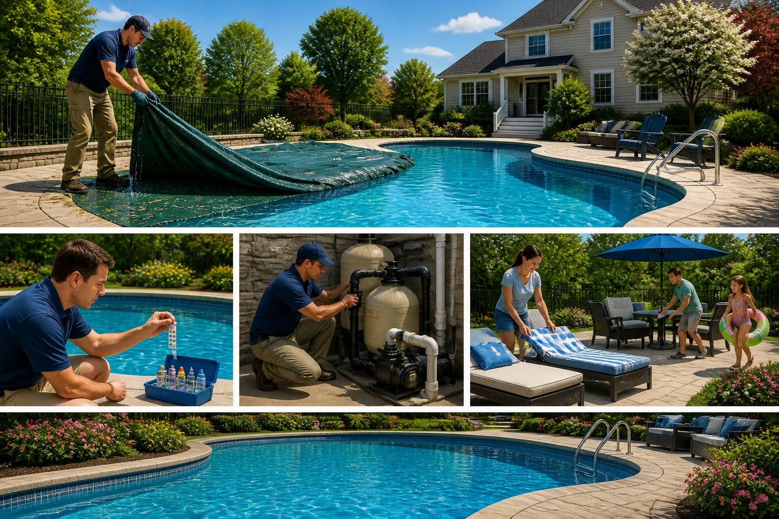 A backyard with an inground swimming pool, people removing the pool cover (not inside the pool), testing water, adjusting equipment, and setting up poolside furniture on a sunny day.