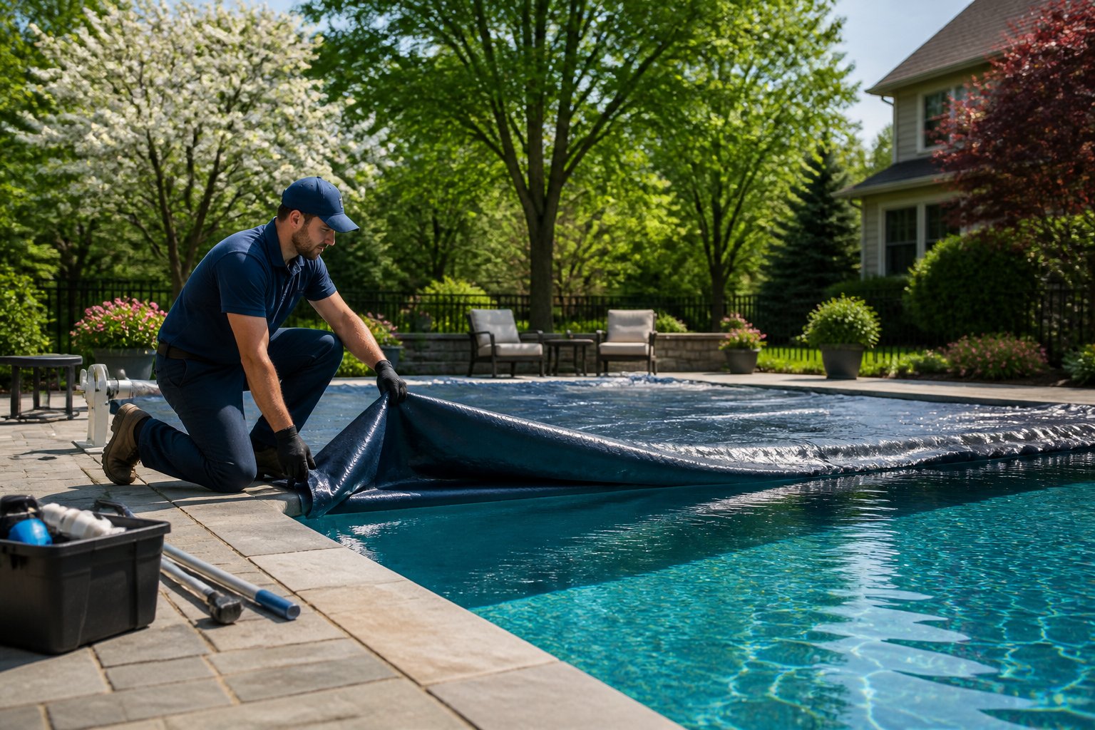 A technician opening a pool cover at a residential backyard with an inground pool, surrounded by trees and landscaping.