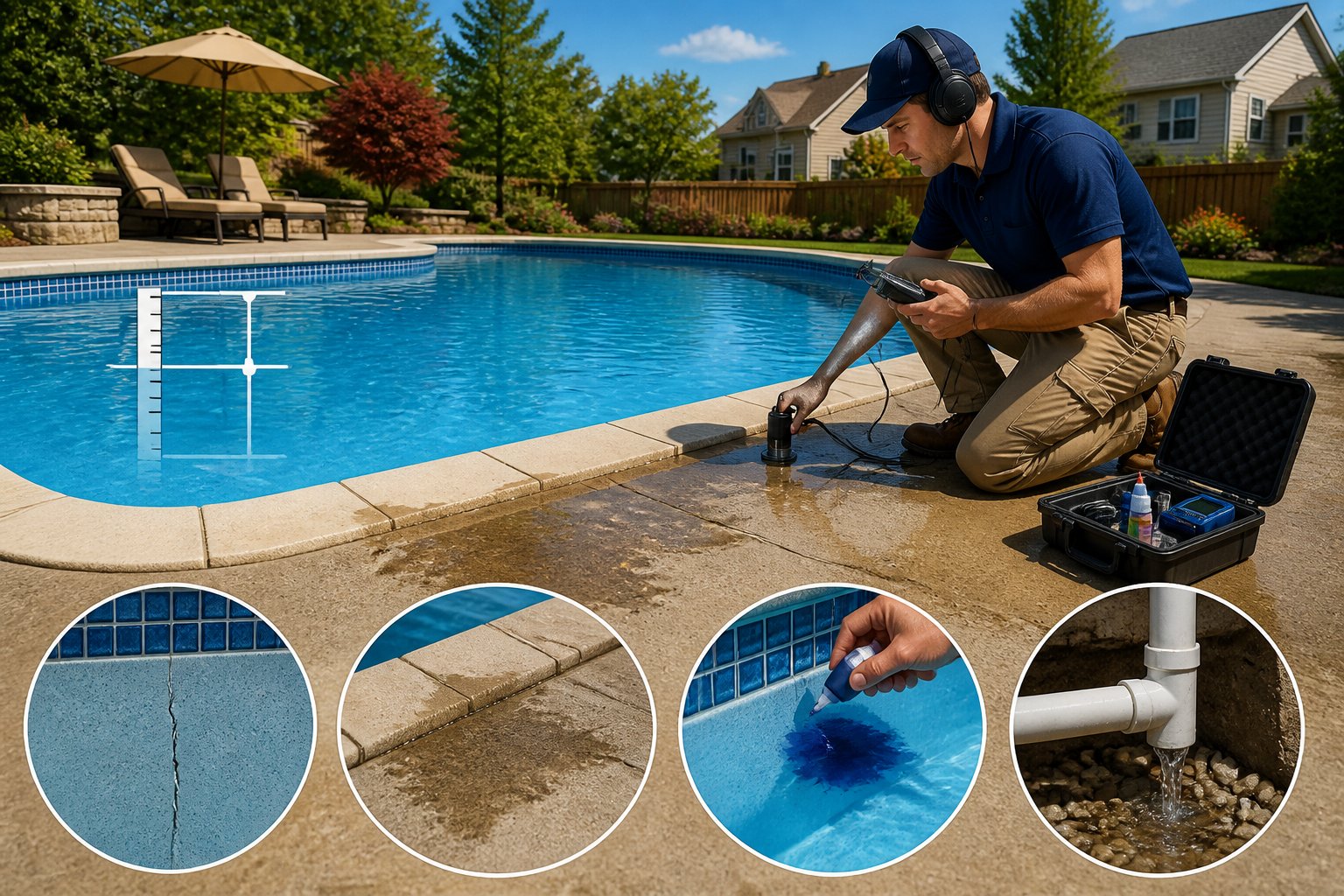 A backyard swimming pool with a technician using leak detection tools, showing signs of leaks like water level drop and damp spots around the pool.