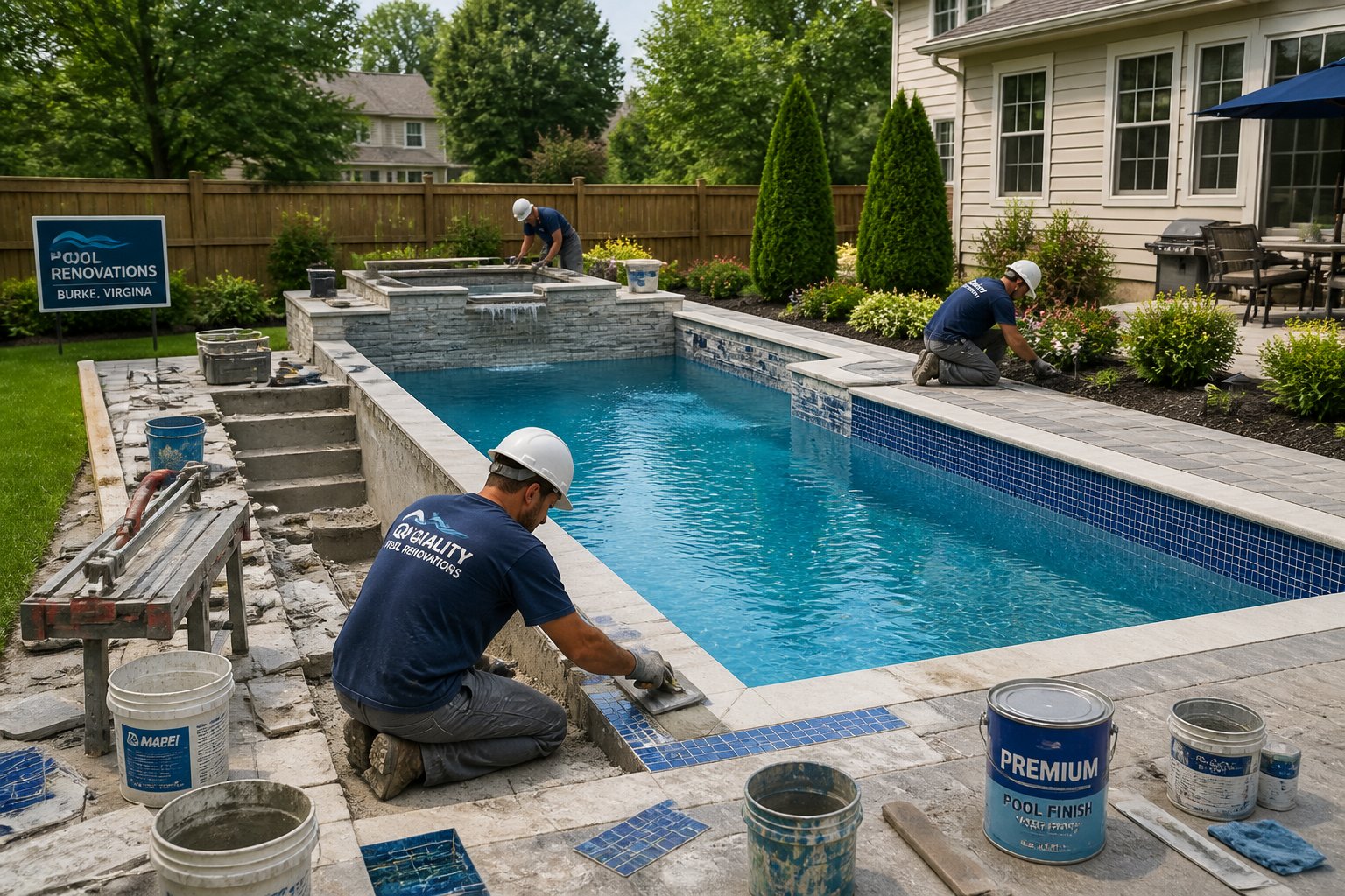Pool Renovation in Burke, VA: Expert Guidance and Regional Insights 1 A backyard pool under renovation with workers installing tiles and landscaping around it.