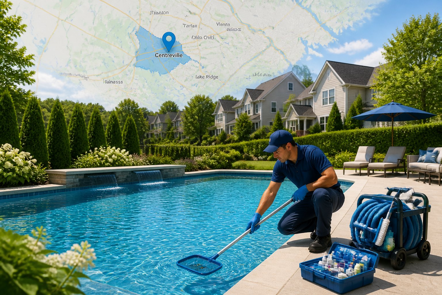 A technician cleaning and inspecting a swimming pool in a suburban neighborhood with houses and greenery in the background.