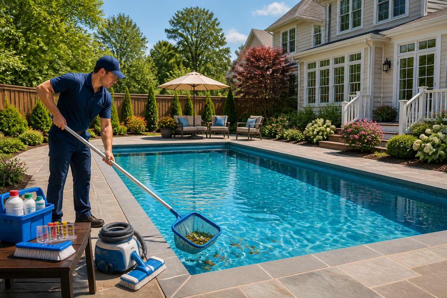 A pool maintenance worker cleaning a backyard inground swimming pool in a suburban yard with a house and greenery in Centreville, Virginia.