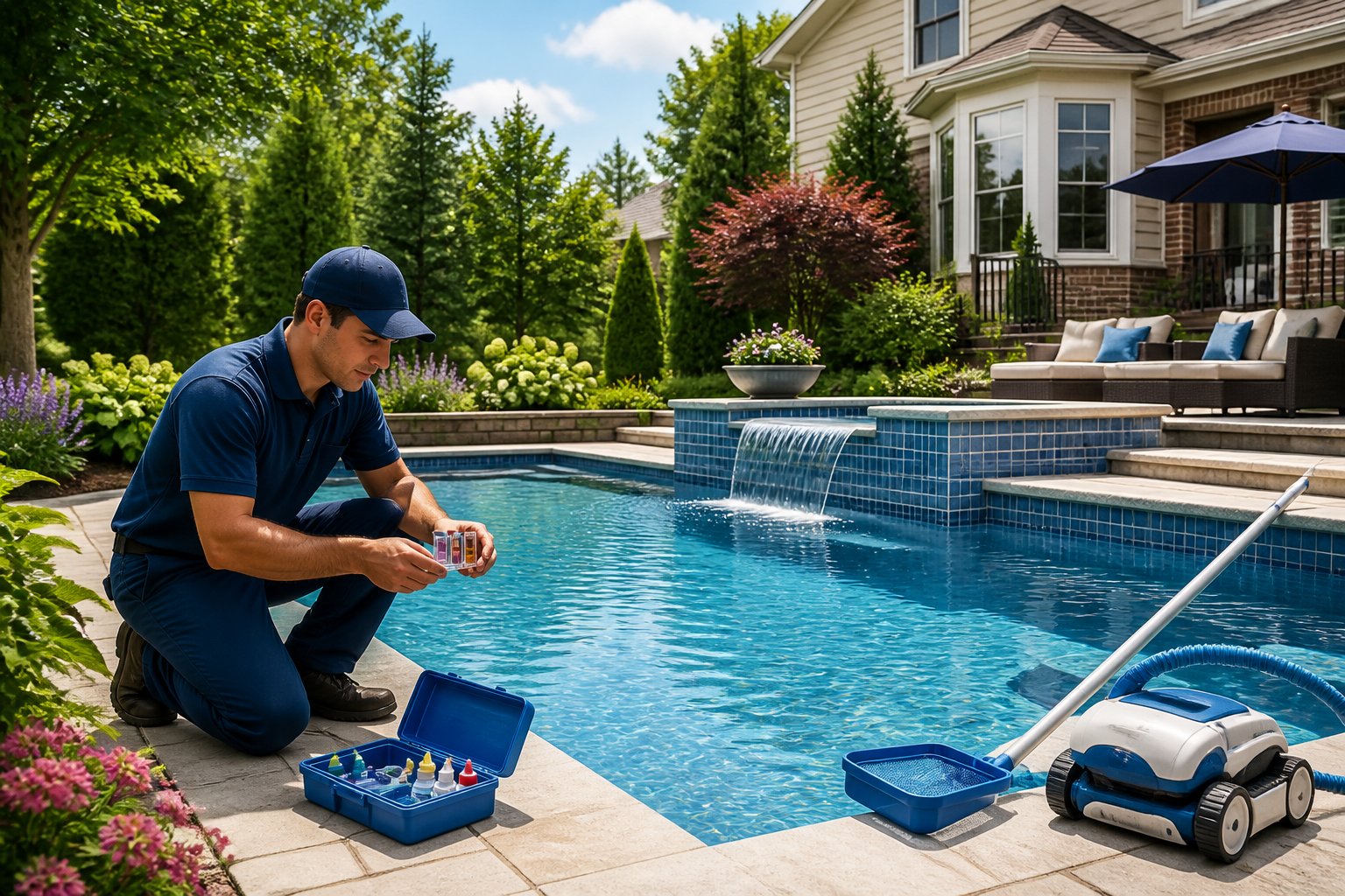 A backyard with a clean inground swimming pool, a pool technician testing the water, pool maintenance equipment nearby, and a suburban home in the background.