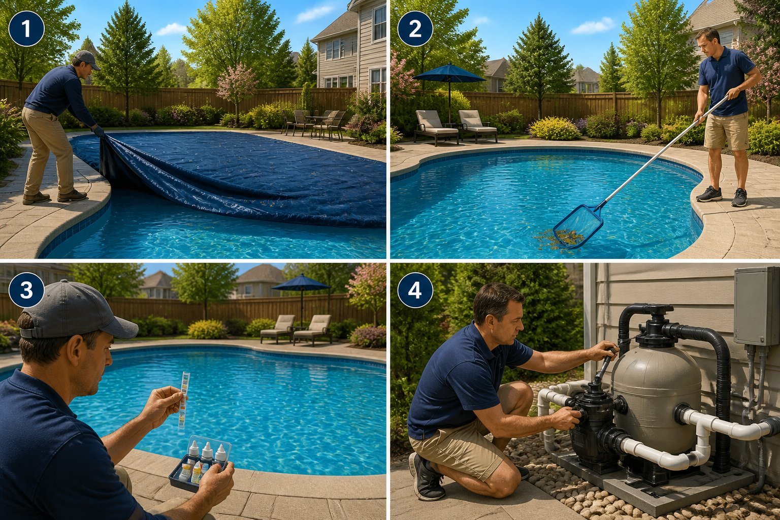 A residential backyard scene showing people opening an inground swimming pool by removing the cover, cleaning the water, and adjusting the filter system (no one is inside the pool).